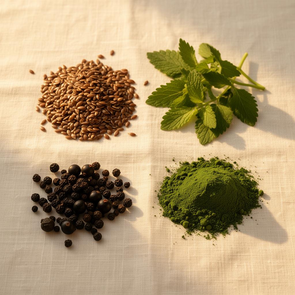 Natürliche Inhaltsstoffe von My EstroGem™: Leinsamen, Zitronenmelisse, schwarzer Pfeffer und Chlorella